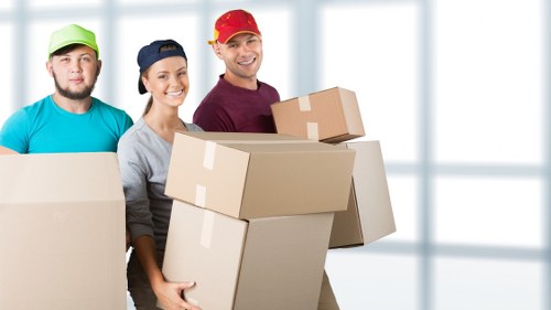 Packed boxes and furniture ready for transport in East London